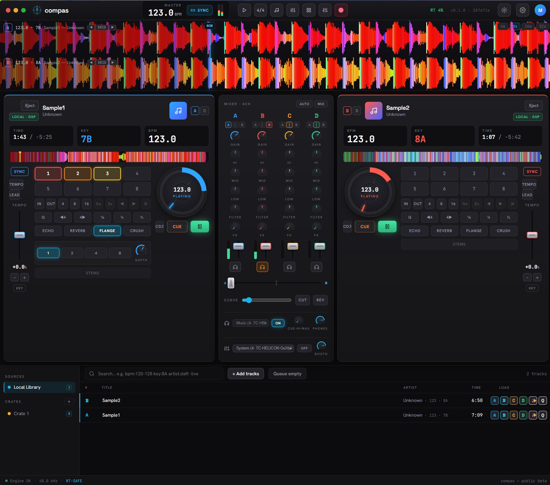 compas performance screen — dual decks, center mixer, band-colored waveform lanes